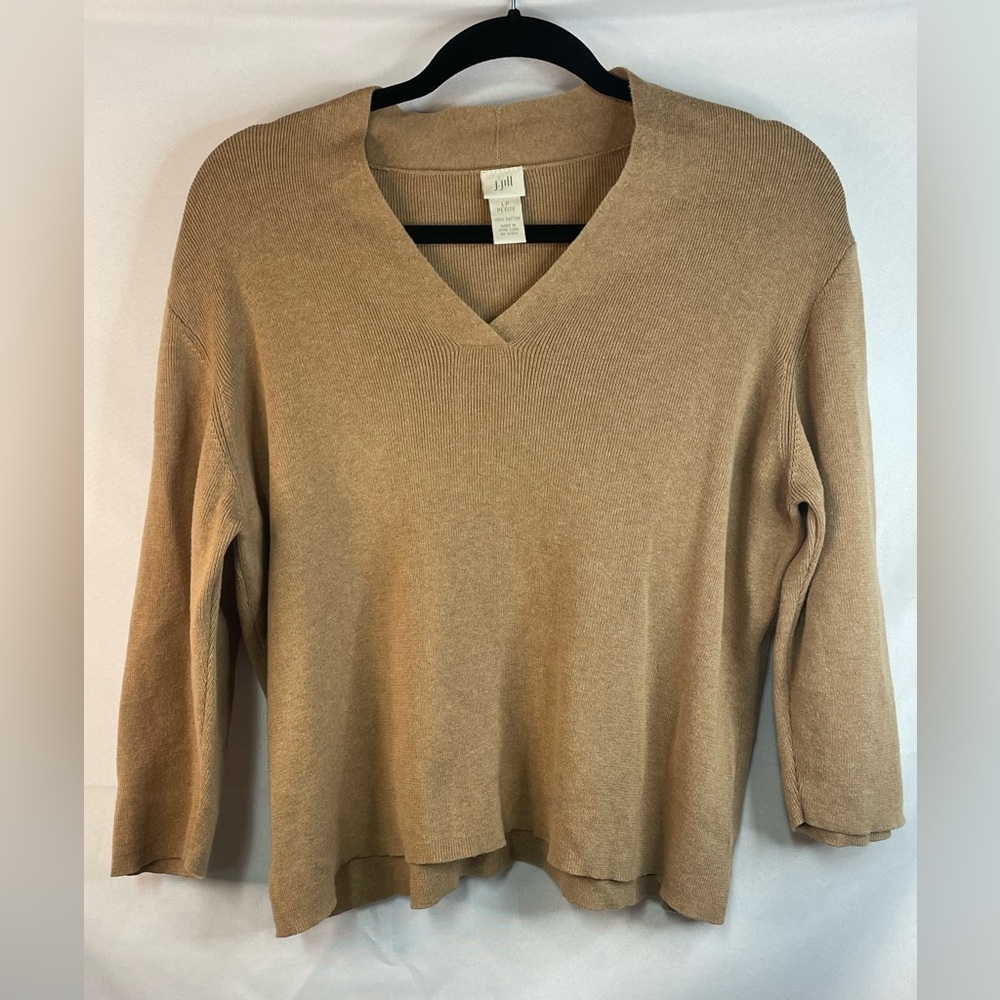 J Jill cotton sweater in a golden brown color, 3/4 length sleeves and size LP